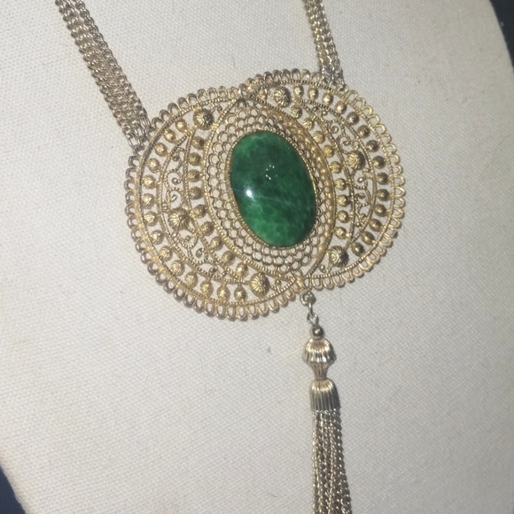 Huge Unsigned Pauline Rader NY Runway Statement Green Cabochon Tassel Necklace - Picture 3 of 3
